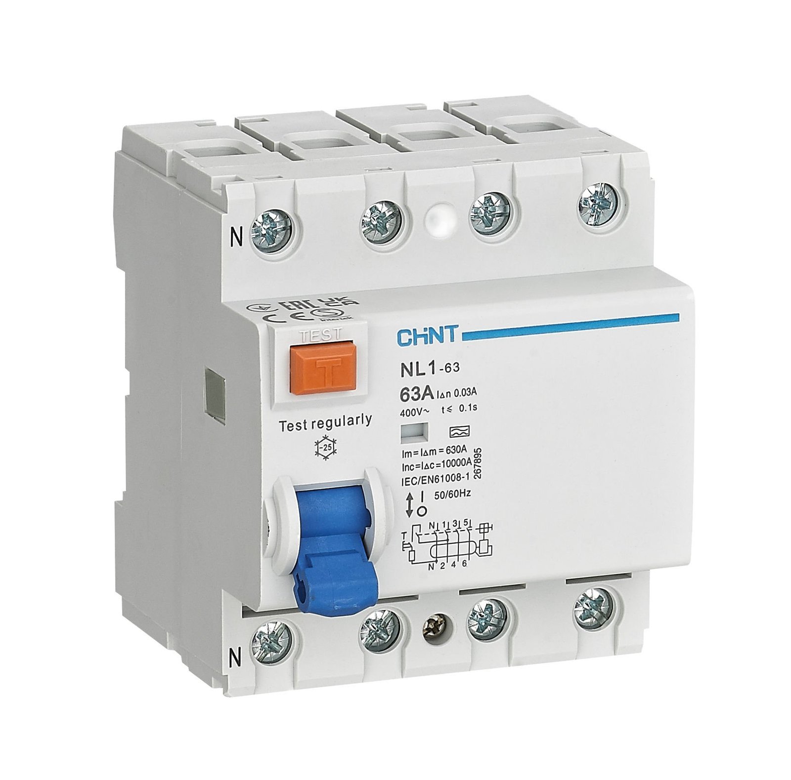 Chint (200231) NL1 Serisi AC Tipi 6kA 4 Kutuplu 300mA 63A Kaçak Akım Rölesi - Çiftli Bara