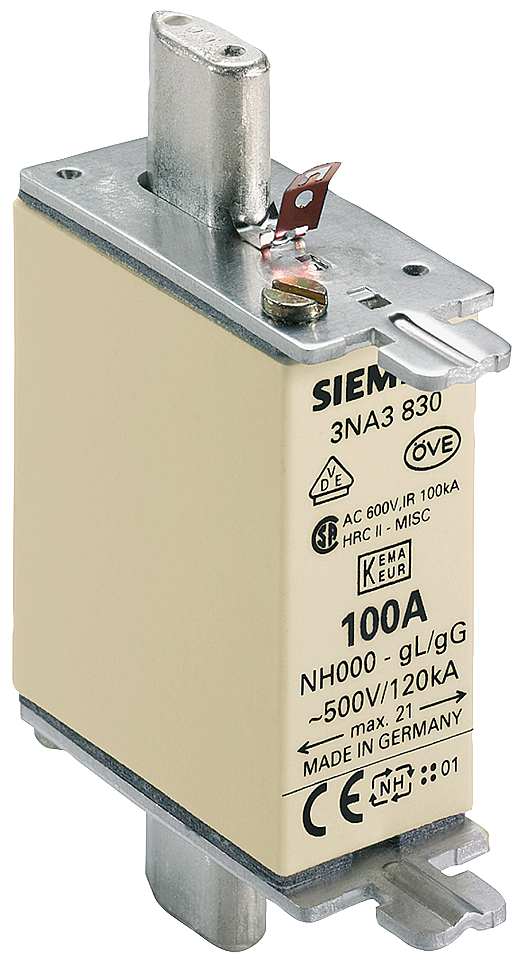 Siemens 3NA3830 STEATİT(SERAMİK) GÖVDELİ NH-BIÇAKLI SİGORTA BUŞONU; 100A; BOY 000; GENİŞLİK 21mm