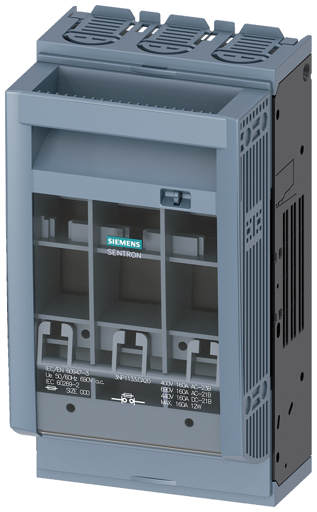 Siemens 3NP1133-1CA20 3NP1 SERİSİ NH-BIÇAKLI SİGORTALI YÜK KESİCİLERİ, ÜSTTEN BLOK KLEMENSLİ BAĞLANTI, 160A, BOY:00 VE BOY:000