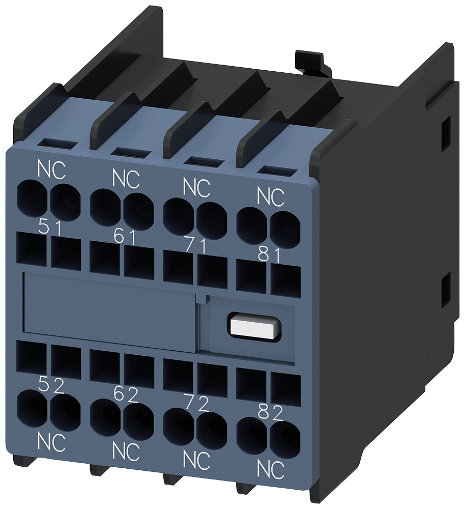 Siemens 3RH2911-2GA04 Yardımcı kontak bloğu, önde, 4 NC, 51/52, 61/62, 71/72, 81/82, akım yolu: 1 NC, 1 NC, 1 NC, 1 NC, yaylı terminal, fiziksel kodlu, sadece 3RH2140 ve 3RH2440 kontaktör röleleri ile birleştirilebilir (EN 50011'e göre)
