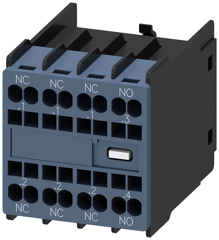 Siemens 3RH2911-2HA13 Yardımcı kontak bloğu, önde, 1 NO + 3 NC, .1/.2, .1/.2, .1/.2, .3/.4, akım yolu: 1 NC, 1 NC, 1 NC, 1 NO, yaylı terminal, 3RT2 kontaktörleri ve 3RH2 kontaktör röleleri için