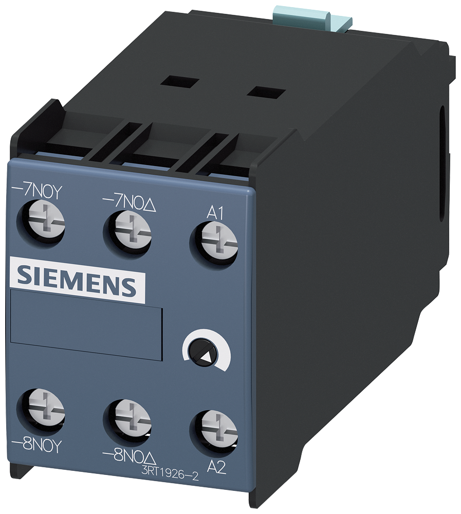 Siemens 3RT1926-2GD51 Katı hal zaman gecikmeli yardımcı kontak bloğu, önden takılabilir, zaman aralığı 1,5...30s, 200 ... 240 V AC, 2 NO, yıldız-üçgen (wye-delta) fonksiyonu, S6 boyutları... S12