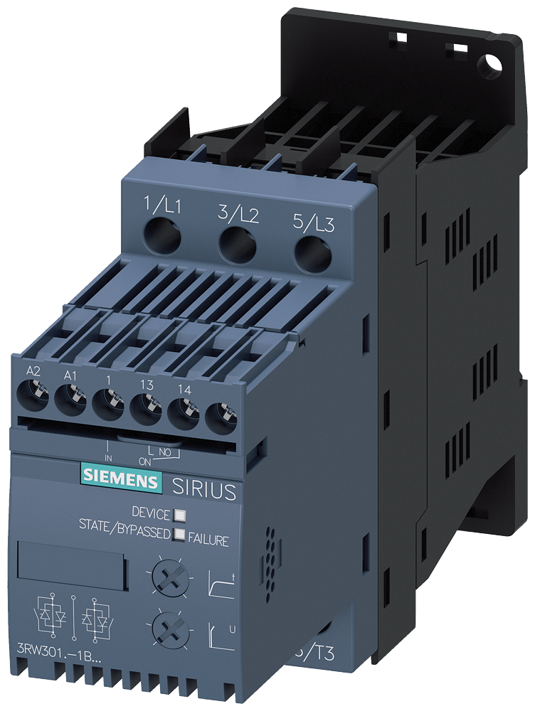Siemens 3RW3018-1BB04 SIRIUS yumuşak yol verici S00 17.6 A, 7.5 kW/400 V,  200-480 V AC, 24 V AC/DC Vidalı bağlantı