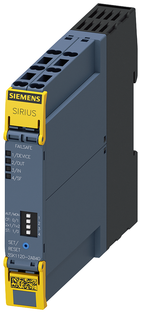 Siemens 3SK1120-2AB40 SIRIUS 3SK1 Advance Emniyet Rölesi, Çift-El, Acil Durdurma, Mekanik Emniyet Şalteri, Manyetik Emniyet Şalteri, Alan tarayıcı veya Işık Perdesi İzleme, 24VDC Besleme,1TR Çıkış,  Cat 4 /Sil 3 / Pl e, Otomatik veya Denetlenen Reset
