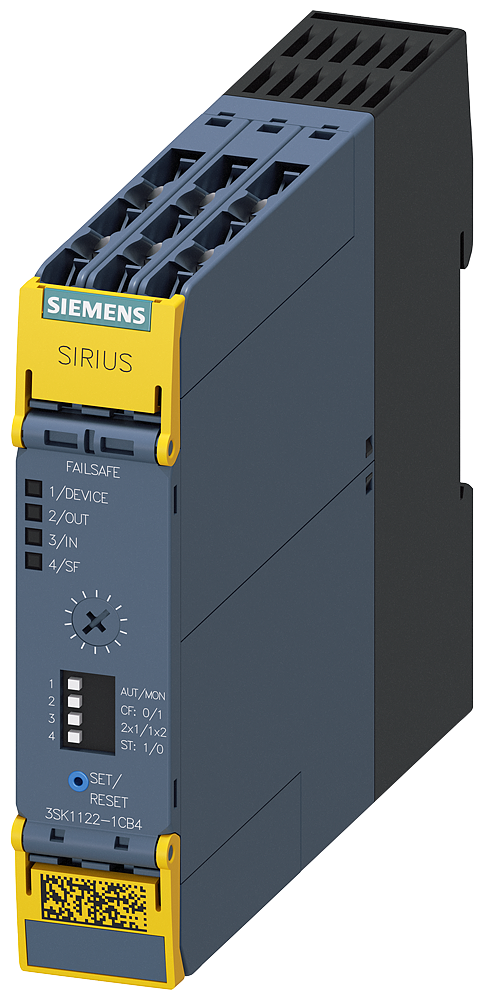 Siemens 3SK1122-1CB44 SIRIUS 3SK1 Advance Emniyet Rölesi, Çift-El, Acil Durdurma, Mekanik Emniyet Şalteri, Manyetik Emniyet Şalteri, Alan tarayıcı veya Işık Perdesi İzleme, 24VDC Besleme, 2TR-2TR(t), 5-300 sn ayarlanabilir zaman gecikmeli çıkış,  Cat 4 /S