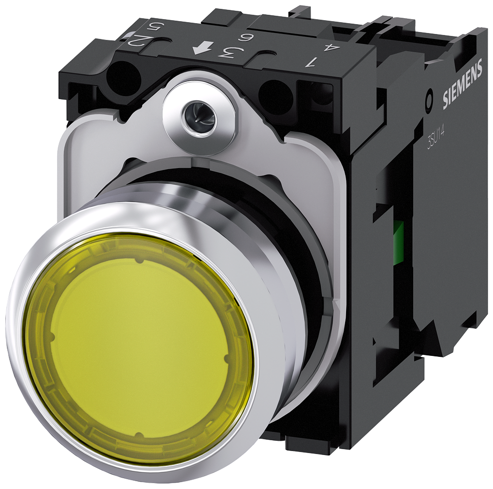Siemens 3SU1156-0AB30-1BA0 Sirius ACT Metal Komple Işıklı Yay Dönüşlü Butonlar Sarı 230 AC 1NO