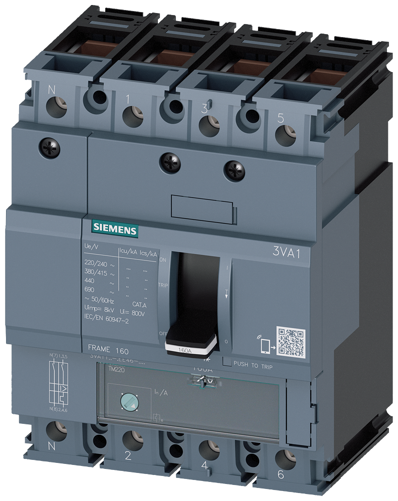 Siemens 3VA1110-4EE46-0AA0 SENTRON SERİSİ KOMPAKT TİP GÜÇ ŞALTERİ;3VA11,36kA,100 A,TM220, ATFM TM220,4 KUTUPLU