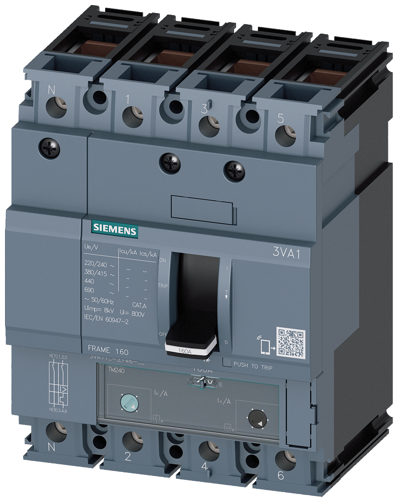 Siemens 3VA1110-4EF46-0AA0 SENTRON SERİSİ KOMPAKT TİP GÜÇ ŞALTERİ;3VA11, 36kA, 100A, TM240, ATAM, AYARLI TERMİK AYARLI MANYETİK, 4 KUTUPLU