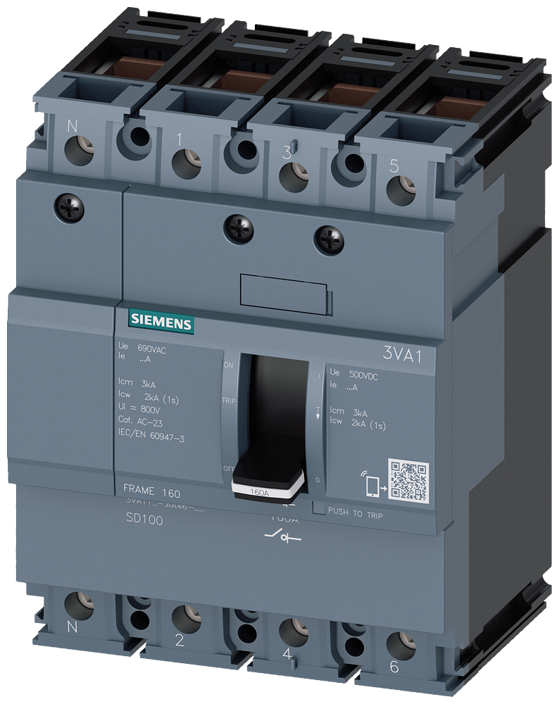 Siemens 3VA1112-1AA46-0AA0 SENTRON SERİSİ KOMPAKT TİP YÜK KESİCİ GÜÇ ŞALTERİ;  3VA11; 125A; KORUMASIZ; 4 KUTUPLU