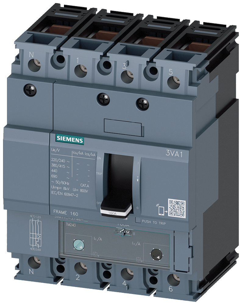 Siemens 3VA1116-4EF46-0AA0 SENTRON SERİSİ KOMPAKT TİP GÜÇ ŞALTERİ;3VA11, 36kA, 160A, TM240, ATAM, AYARLI TERMİK AYARLI MANYETİK, 4 KUTUPLU