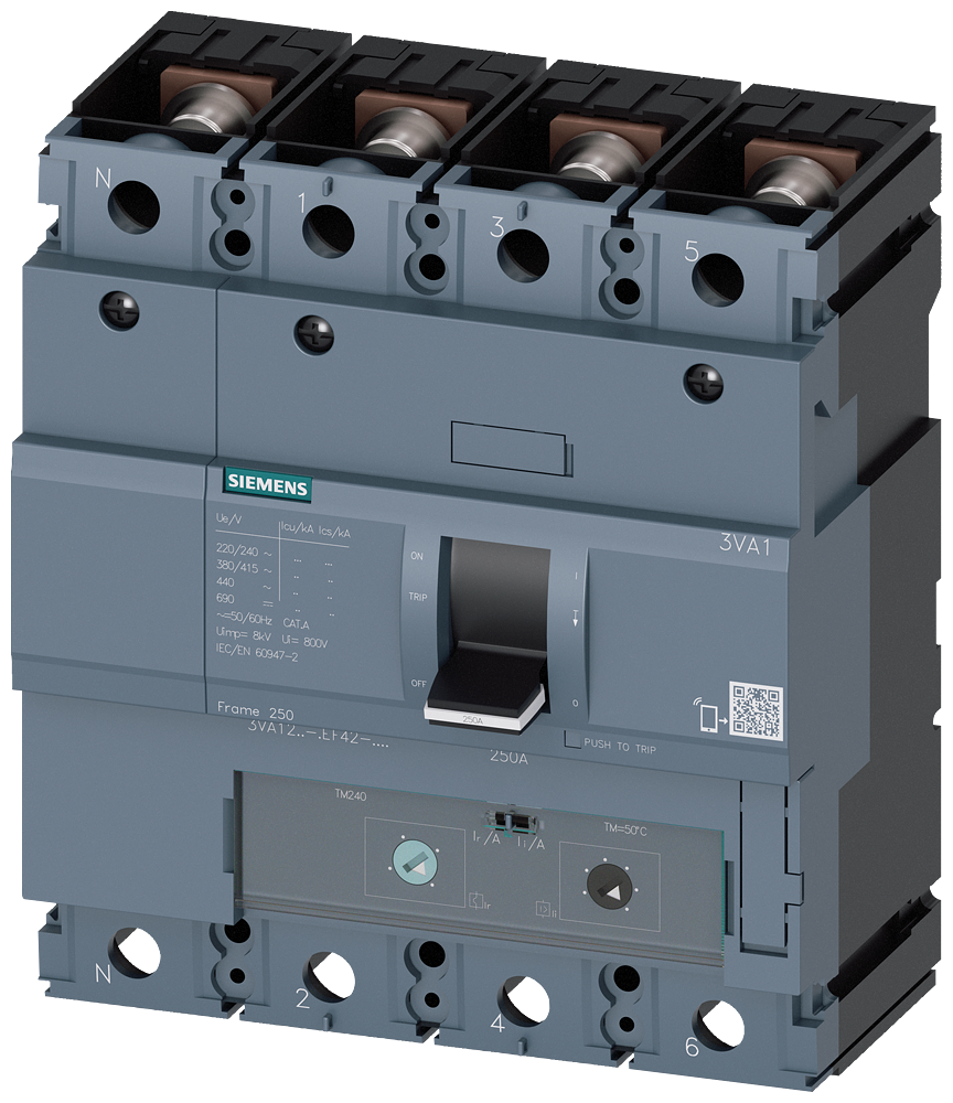 Siemens 3VA1220-5EF42-0AA0 SENTRON SERİSİ KOMPAKT TİP TERMİK MANYETİK GÜÇ ŞALTERİ; 3VA12; 55kA; TERMİK AYARLI; SABİT MANYETİK; 140-200A; 4 KUTUPLU