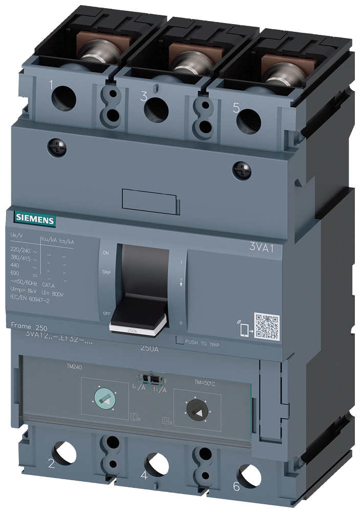 Siemens 3VA1220-6EF32-0AA0 SENTRON SERİSİ KOMPAKT TİP TERMİK MANYETİK GÜÇ ŞALTERİ; 3VA12; 70kA; TERMİK AYARLI; SABİT MANYETİK; 140-200A; 3 KUTUPLU