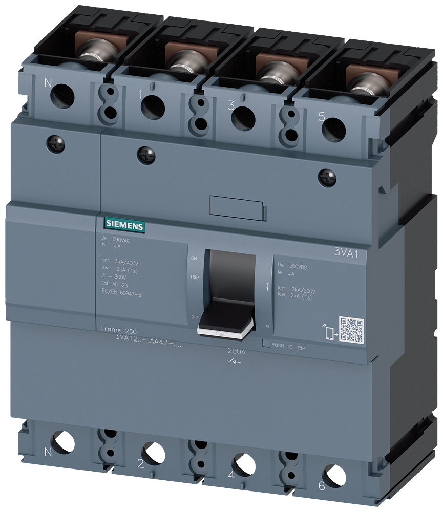 Siemens 3VA1225-1AA42-0AA0 SENTRON SERİSİ KOMPAKT TİP YÜK KESİCİ GÜÇ ŞALTERİ;  3VA12; 250A; KORUMASIZ; 4 KUTUPLU