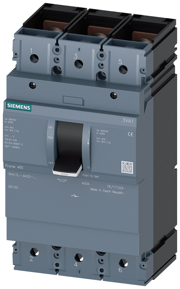 Siemens 3VA1340-1AA32-0AA0 SENTRON SERİSİ KOMPAKT TİP YÜK KESİCİ GÜÇ ŞALTERİ;  3VA13; 400A; KORUMASIZ; 3 KUTUPLU