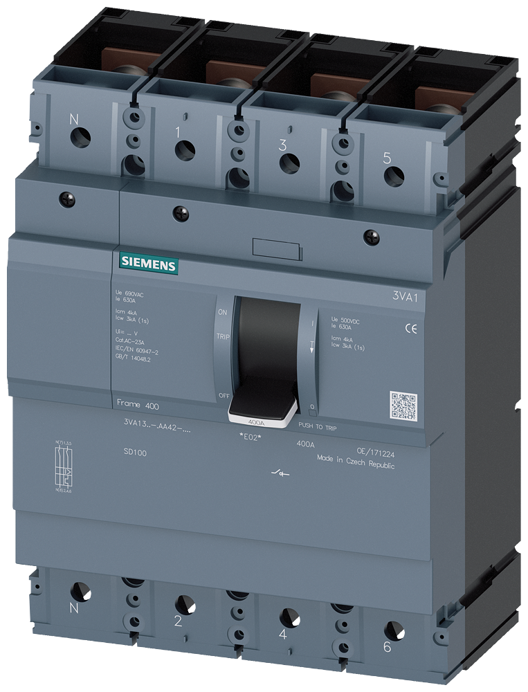Siemens 3VA1340-1AA42-0AA0 SENTRON SERİSİ KOMPAKT TİP YÜK KESİCİ GÜÇ ŞALTERİ;  3VA13; 400A; KORUMASIZ; 4 KUTUPLU