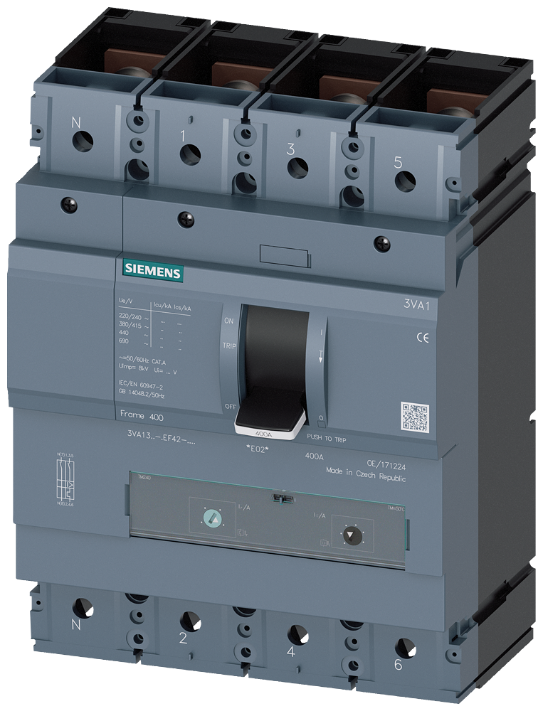Siemens 3VA1340-6EF42-0AA0 SENTRON SERİSİ KOMPAKT TİP TERMİK MANYETİK GÜÇ ŞALTERİ; 3VA13; 70kA; TERMİK AYARLI; MANYETİK AYARLI; 280-400A; 4 KUTUPLU