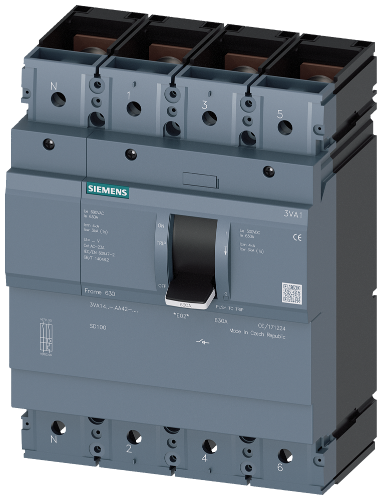 Siemens 3VA1450-1AA42-0AA0 SENTRON SERİSİ KOMPAKT TİP YÜK KESİCİ GÜÇ ŞALTERİ;  3VA14; 500A; KORUMASIZ; 4 KUTUPLU
