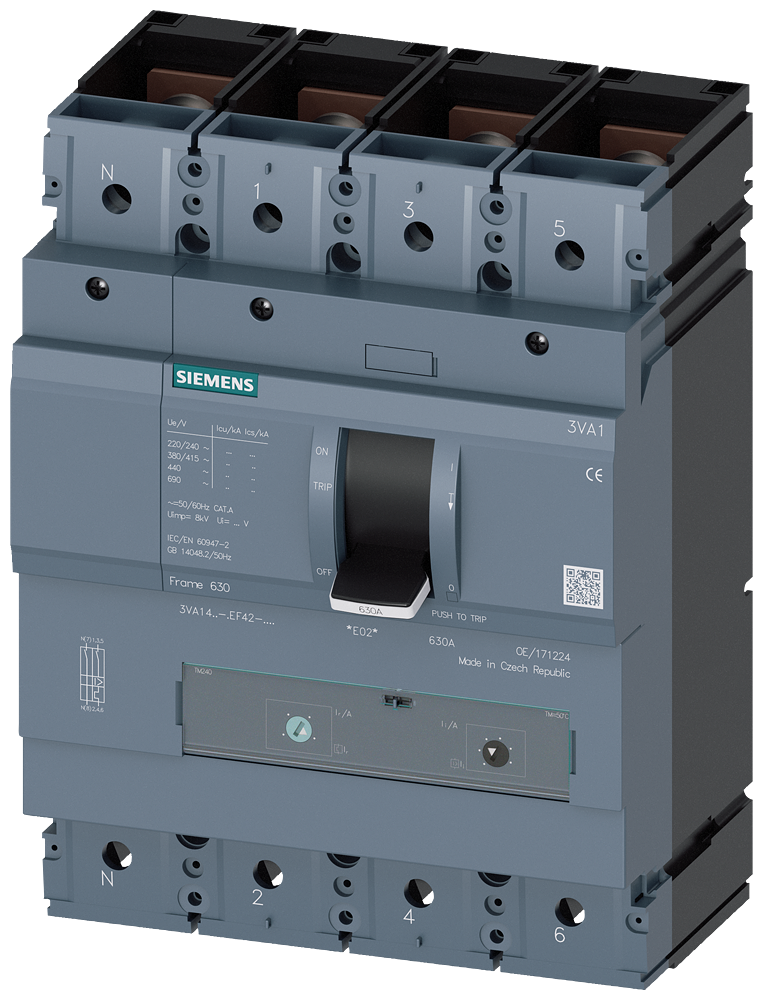Siemens 3VA1463-6EF42-0AA0 SENTRON SERİSİ KOMPAKT TİP TERMİK MANYETİK GÜÇ ŞALTERİ; 3VA14; 70kA; TERMİK AYARLI; MANYETİK AYARLI; 440-630A; 4 KUTUPLU
