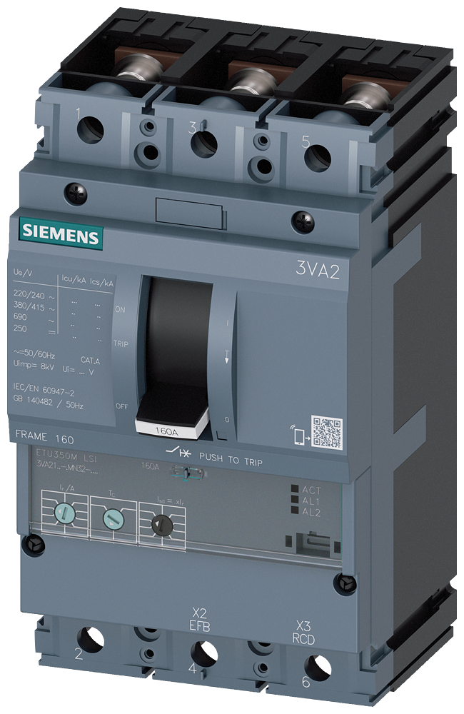 Siemens 3VA2125-5MN32-0AA0 SENTRON SERİSİ KOMPAKT TİP ELEKTRONİK AÇTIRICILI MOTOR KORUMA GÜÇ ŞALTERİ; 3VA2; 55kA; 25A; LSI FONKSİYONLU, 3 KUTUPLU