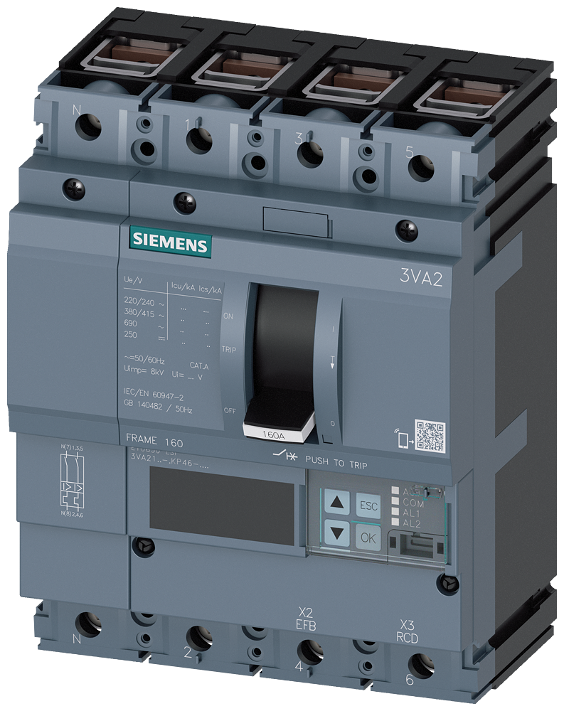 Siemens 3VA2140-5KP46-0AA0 SENTRON SERİSİ HABERLEŞME ÖZELLİKLİ KOMPAKT GÜÇ ŞALTERİ; 3VA21; 55kA; ETU850; 16-40A, 24-400A; 4 KUTUPLU