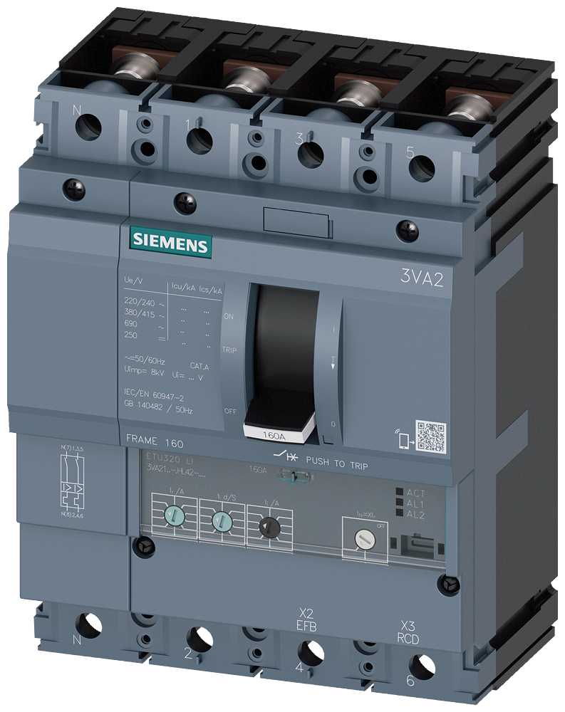 Siemens 3VA2163-6HL42-0AA0 SENTRON SERİSİ KOMPAKT TİP GÜÇ ŞALTERİ;3VA21,85kA,63 A,ETU320, LI korumalı,4 KUTUPLU