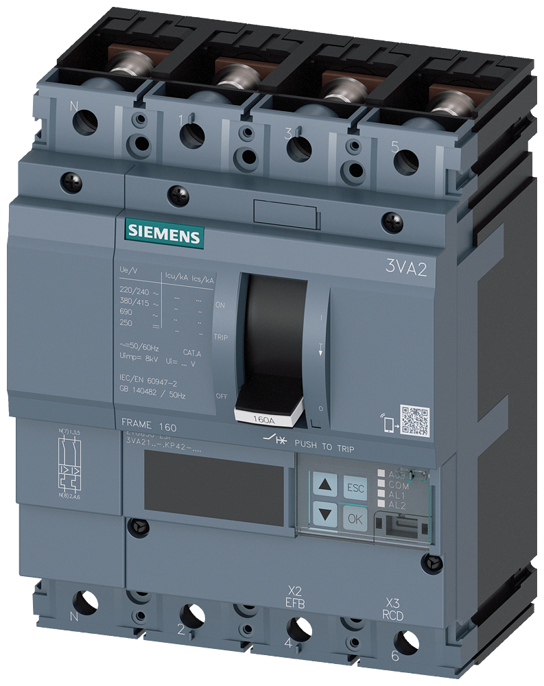 Siemens 3VA2163-6KP42-0AA0 SENTRON SERİSİ HABERLEŞME ÖZELLİKLİ KOMPAKT GÜÇ ŞALTERİ; 3VA21; 85kA; ETU850; 25-63A, 38-630A; 4 KUTUPLU