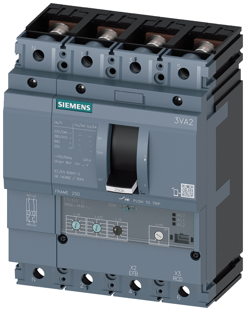 Siemens 3VA2225-6HL42-0AA0 SENTRON SERİSİ KOMPAKT TİP GÜÇ ŞALTERİ;3VA22,85kA,250 A,ETU320, LI korumalı,4 KUTUPLU