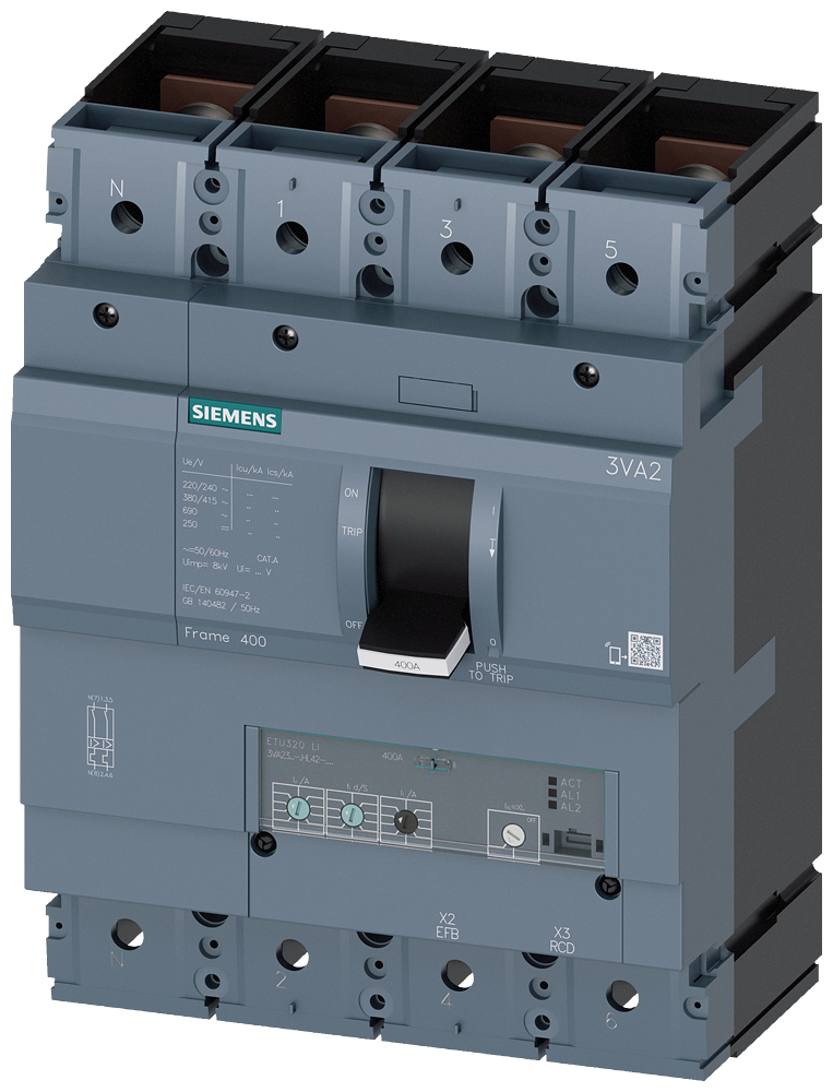 Siemens 3VA2340-5HL42-0AA0 SENTRON SERİSİ KOMPAKT TİP ELEKTRONİK AÇTIRICILI GÜÇ ŞALTERİ; 3VA23; 55kA; TERMIK AYARLI; AYARLI MANYETİK; 160-400A; 600-4000A; 4 KUTUPLU
