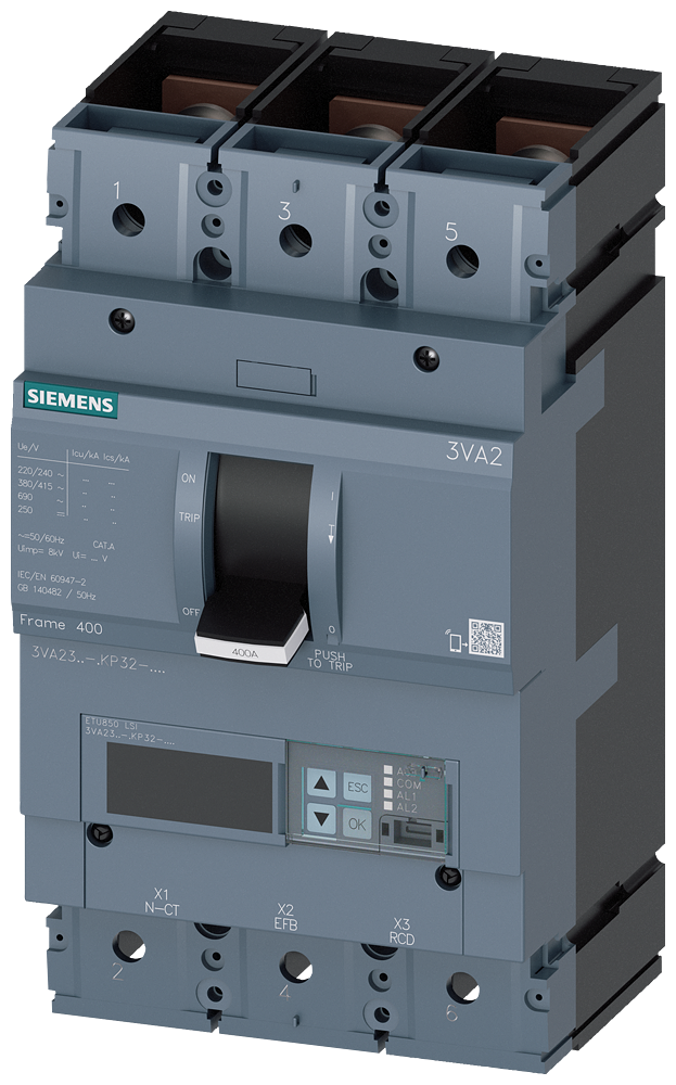 Siemens 3VA2340-6KP32-0AA0 SENTRON SERİSİ HABERLEŞME ÖZELLİKLİ KOMPAKT GÜÇ ŞALTERİ; 3VA23; 85kA; ETU850; 160-400A, 240-4000A; 3 KUTUPLU
