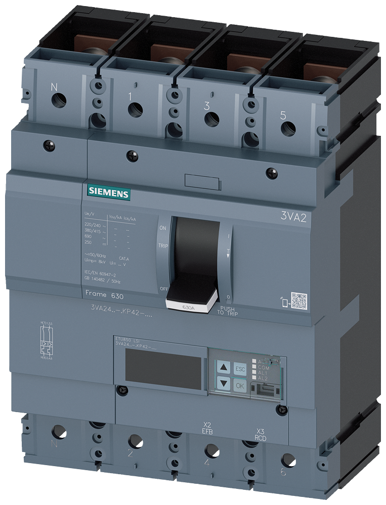 Siemens 3VA2450-5KP42-0AA0 SENTRON SERİSİ HABERLEŞME ÖZELLİKLİ KOMPAKT GÜÇ ŞALTERİ; 3VA24; 55kA; ETU850; 200-500A, 300-5000A; 4 KUTUPLU