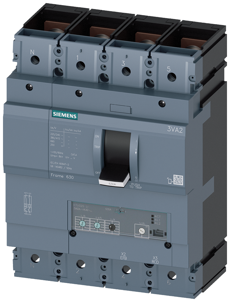 Siemens 3VA2463-5HL42-0AA0 SENTRON SERİSİ KOMPAKT TİP ELEKTRONİK AÇTIRICILI GÜÇ ŞALTERİ; 3VA24; 55kA; TERMIK AYARLI; AYARLI MANYETİK; 250-630A; 945-5670A; 4 KUTUPLU