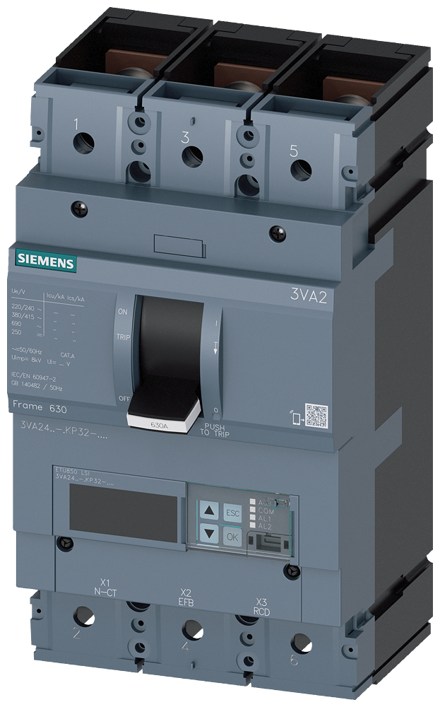 Siemens 3VA2463-5KP32-0AA0 SENTRON SERİSİ HABERLEŞME ÖZELLİKLİ KOMPAKT GÜÇ ŞALTERİ; 3VA24; 55kA; ETU850; 250-630A, 378-5670A ; 3 KUTUPLU
