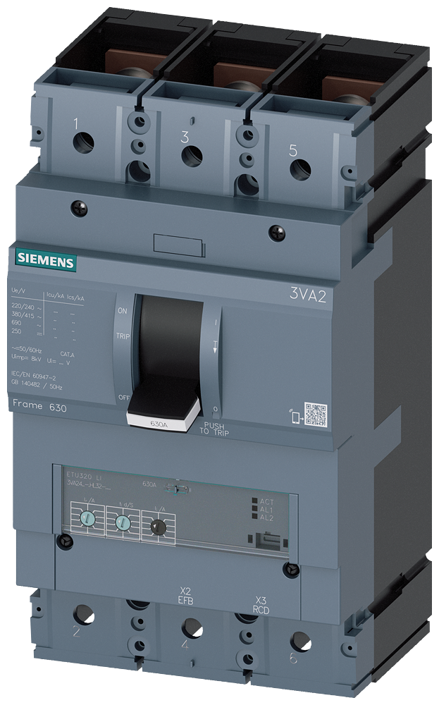 Siemens 3VA2463-6HL32-0AA0 SENTRON SERİSİ KOMPAKT TİP ELEKTRONİK AÇTIRICILI GÜÇ ŞALTERİ; 3VA24; 85kA; TERMIK AYARLI; AYARLI MANYETİK; 250-630A; 945-5670A; 3 KUTUPLU