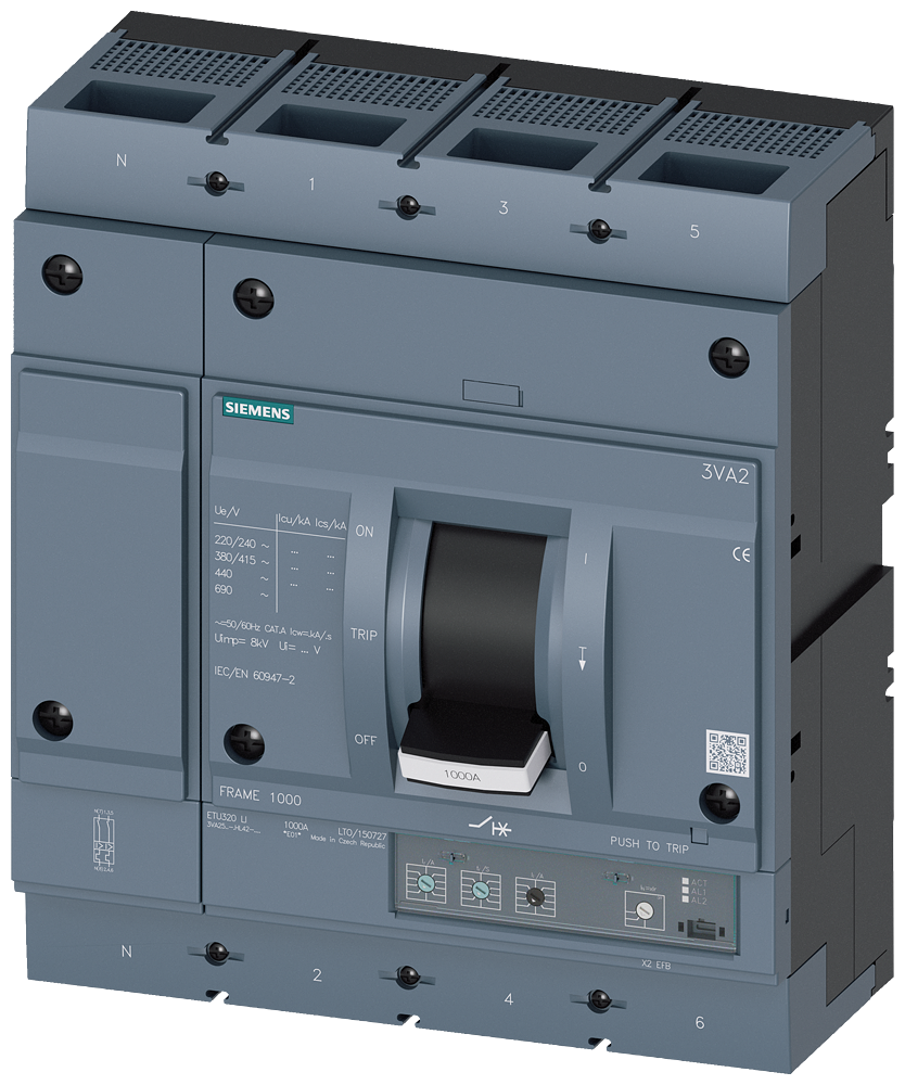 Siemens 3VA2510-5HL42-0AA0 SENTRON SERİSİ KOMPAKT TİP ELEKTRONİK AÇTIRICILI GÜÇ ŞALTERİ; 3VA25; 55kA; TERMIK AYARLI; AYARLI MANYETİK; 400-1000A; 1500-10000A; 4 KUTUPLU
