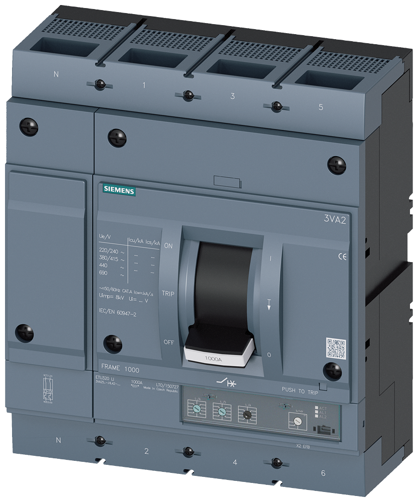 Siemens 3VA2580-5HL42-0AA0 SENTRON SERİSİ KOMPAKT TİP ELEKTRONİK AÇTIRICILI GÜÇ ŞALTERİ; 3VA25; 55kA; TERMIK AYARLI; AYARLI MANYETİK; 320-800A; 1200-8000A; 4 KUTUPLU