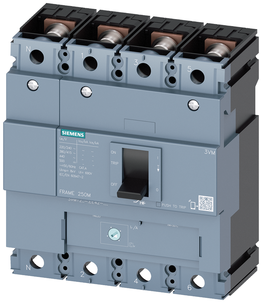 Siemens 3VM1225-4EE42-0AA0 SENTRON SERİSİ KOMPAKT TİP GÜÇ ŞALTERİ;3VM12, 36kA, 250A, TM220, ATFM, AYARLI TERMIK SABİT MANYETİK, 4 KUTUPLU