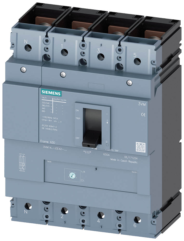 Siemens 3VM1463-4EE42-0AA0 SENTRON 3VM KOMPAKT TİP TERMİK MANYETİK GÜÇ ŞALTERİ; 3VM1; 36kA; 630A; AYARLI TERMİK; SABİT MANYETİK; 4 KUTUPLU