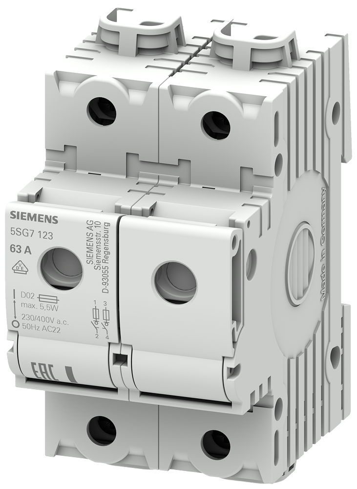 Siemens 5SG7123 63A;>N<MINIZED SİGORTALAR 230/400 V AC; D02 BOY İÇİN; 2 FAZLI; 3TE GENİŞLİĞİNDE