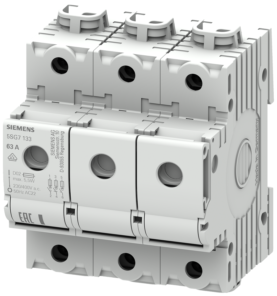 Siemens 5SG7133 63A;>N<MINIZED SİGORTALAR 230/400 V AC; D02 BOY İÇİN; 3 FAZLI; 4;5TE GENİŞLİĞİNDE