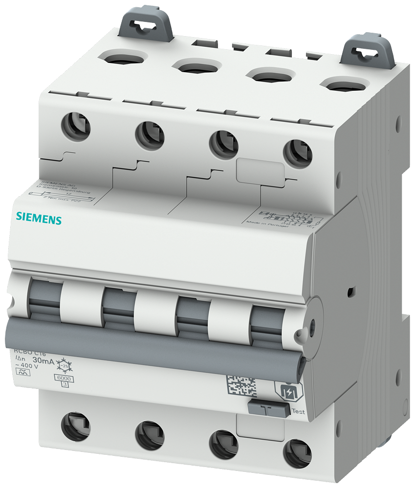Siemens 5SU1346-6FP16 RCBO, 6 kA, 4P Type A, 30 mA, B-Char, In: 16A Un: 400V