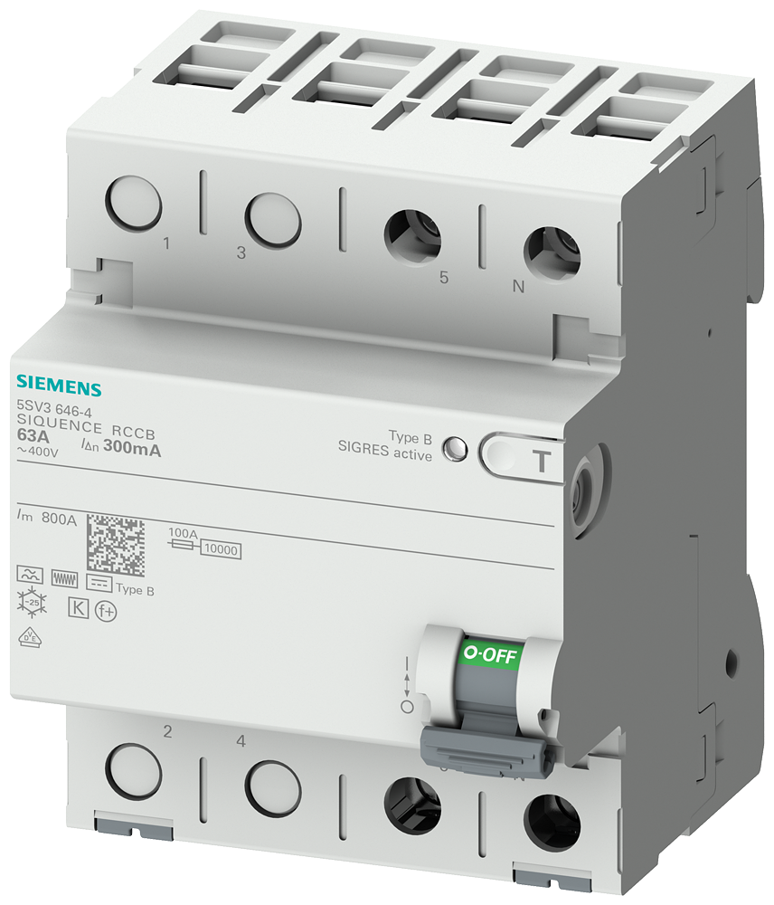 Siemens 5SV3624-4 SIQUENCE SERİSİ HATA AKIMI KORUMA ANAHTARI (FREKANS KONVERTÖRLERİ, UPS SİSTEMLERİ, TIBBİ CİHAZLAR vs); 40A; 230V; 300mA; 1FAZ+NÖTR; TİP B,K, 70mm