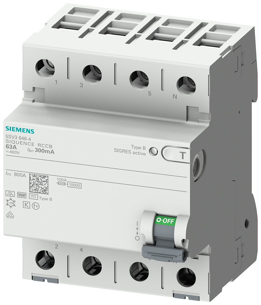 Siemens 5SV3644-4 SIQUENCE SERİSİ HATA AKIMI KORUMA ANAHTARI (FREKANS KONVERTÖRLERİ, UPS SİSTEMLERİ, TIBBİ CİHAZLAR vs); 40A; 400V; 300mA; 3FAZ+NÖTR; TİP B,K, 70mm