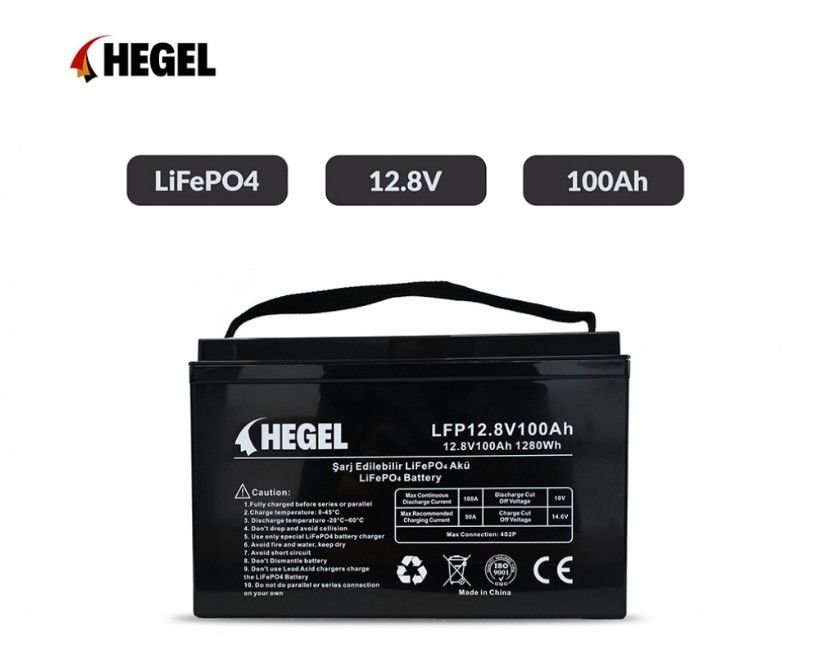 HEGEL LİFEPO4 LİTYUM AKÜ 12.8V 100AH 1280Wh M8 4S2P 12.8V 100Ah, 330×173×216mm, 12,5kg, 4S2P, KULLANMADAN ÖNCE TAM ŞARJ EDİN, 1C ŞARJ & 1 C DEŞARJ, TAVSİYE EDİLEN ŞARJ DEŞARJ 0,5C